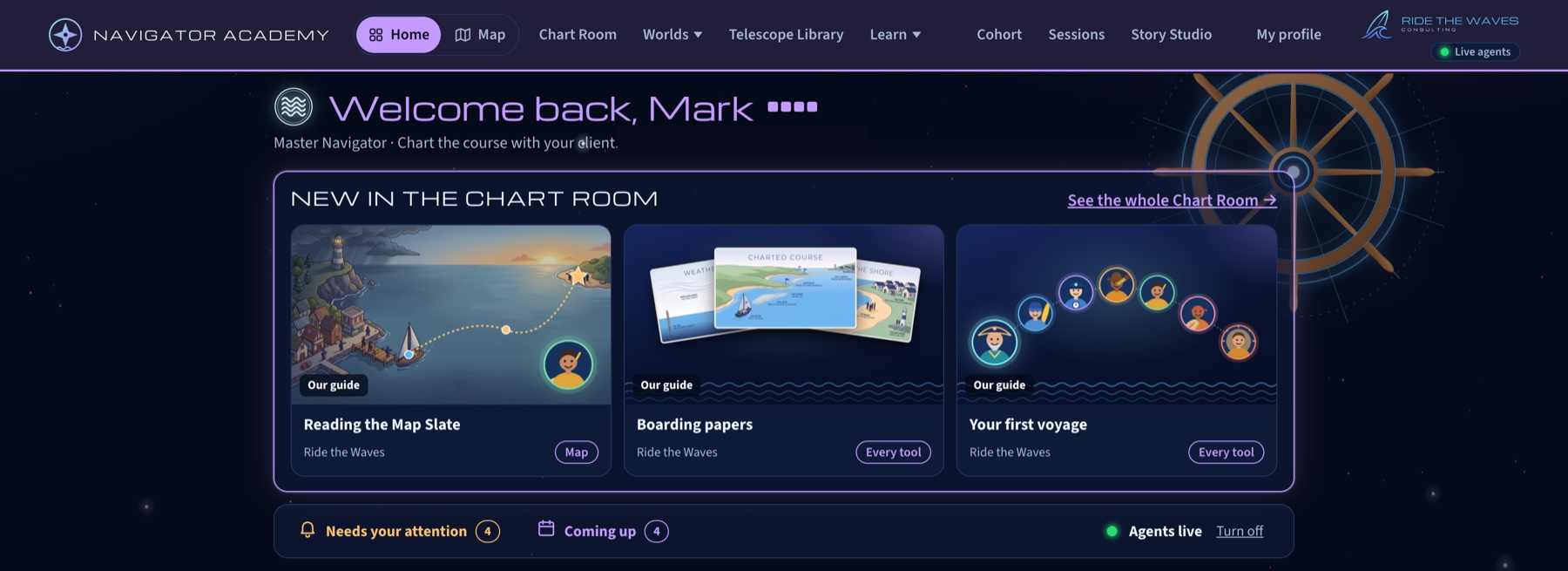 The Academy home page: new guides in the Chart Room, what needs attention, and live agents