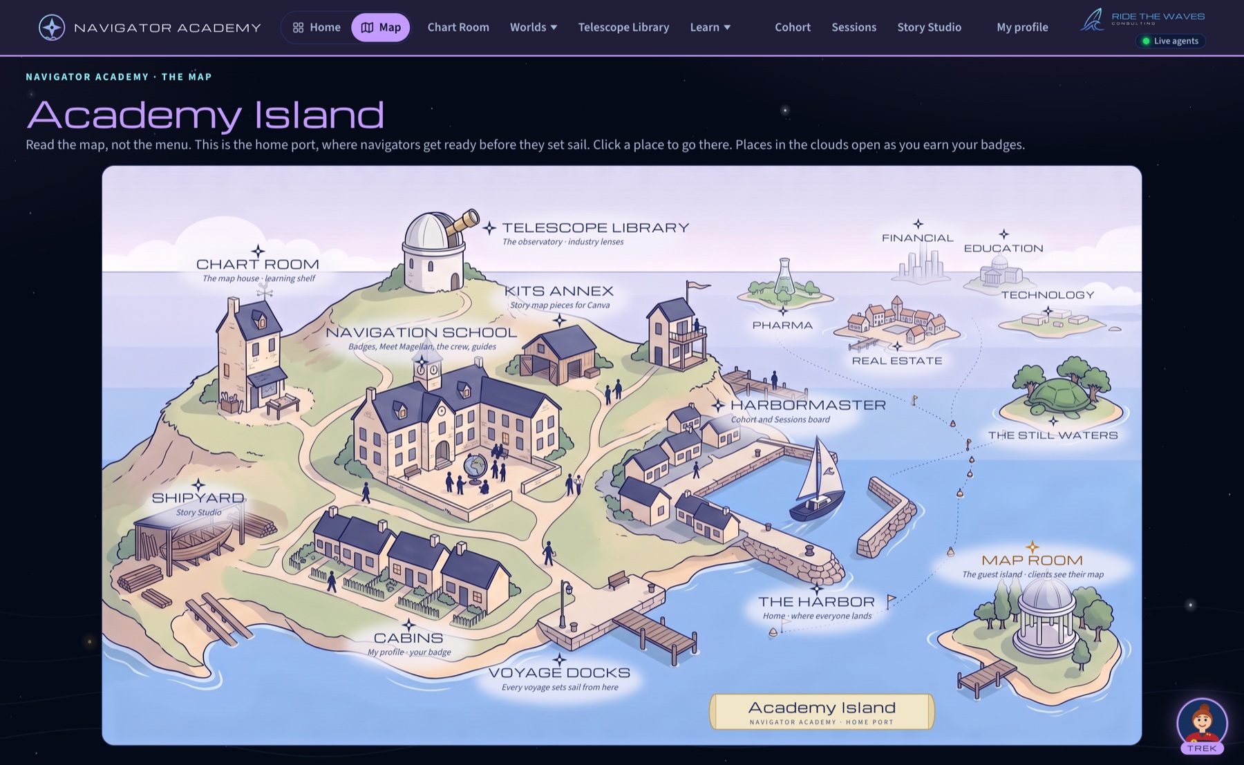 Academy Island, the Academy as a map: Chart Room, Telescope Library, Navigation School, the Harbor, Voyage Docks and the industry worlds