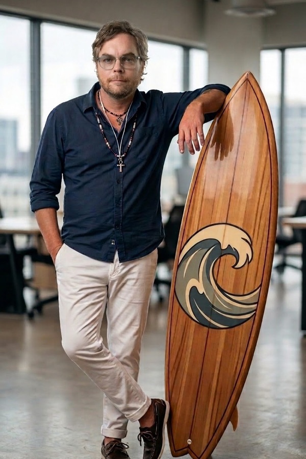 Mark Lawson leaning on a wooden surfboard