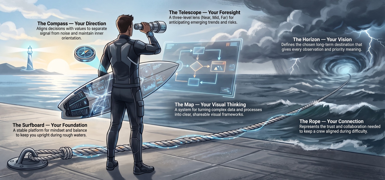 The Navigator Toolkit: a navigator on the dock with all six tools, the Surfboard, Compass, Telescope, Map, Rope and Horizon